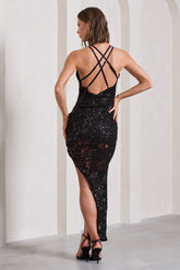 Black Sequin Asymmetric Strappy Maxi Dress